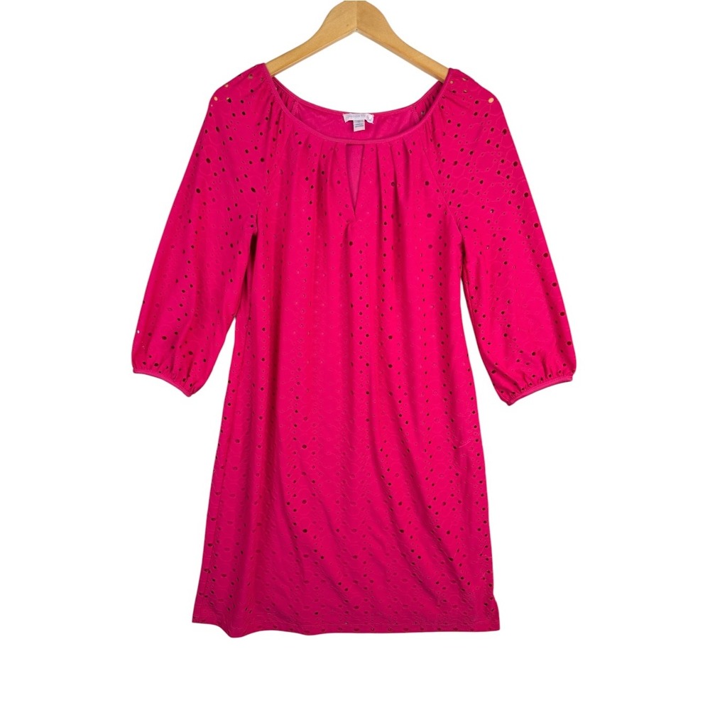 London Times Womens Pink Eyelet 3/4 Sleeve Fit & Flare Dress Size 6